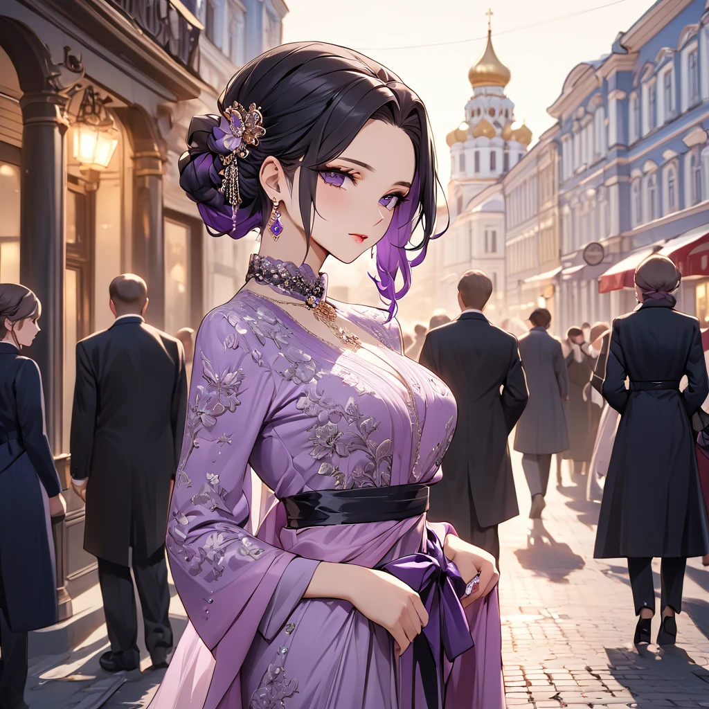 ((Highest quality)), ((masterpiece)), (detailed), （Perfect Face）、The woman is Shinobu Kocho, a Russian with black hair in a purple gradient bob style, tied up in a formal evening hairstyle.、In the streets of Russia, women are beautifully dressed in everyday Russian clothing and luxurious accessories.