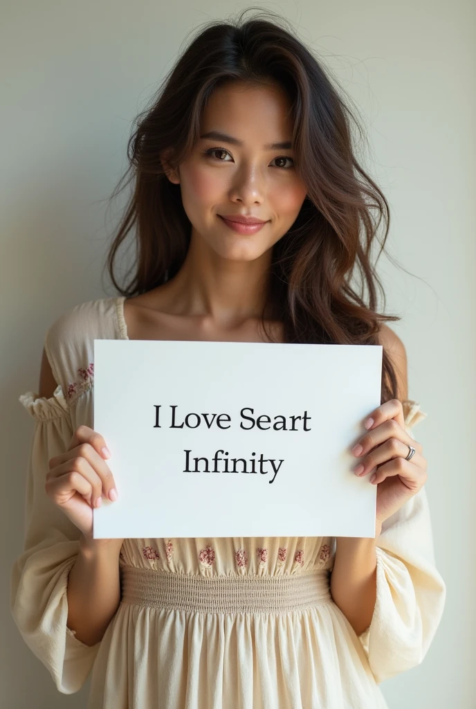 Beautiful girl with wavy long hair, bohemian dress, holding a white board with text "I Love Seaart Infinity" and showing it to the viewer