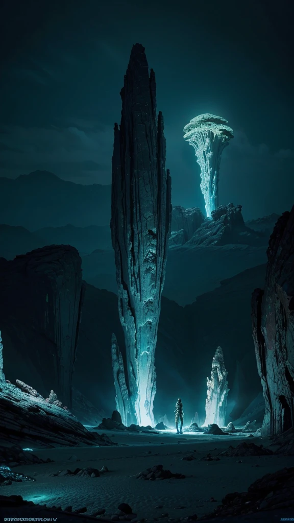 a breathtaking alien landscape, a surreal alien world, dramatic lighting, glowing bioluminescent flora, strange otherworldly rock formations, fantastical alien architecture, advanced alien technology, mysterious alien beings, cinematic composition, vibrant colors, dramatic lighting, photorealistic, 8k, highly detailed, concept art style