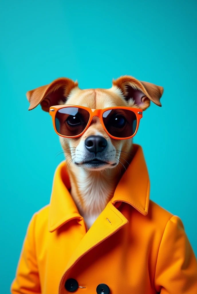 The best cell phone wallpaper, Award-Winning Wallpaper, portrait photography, In the front view is a portrait of a cute dog wearing mid-1960s space age fashion, Side view photo, Shot with Canon EOS R5, Set a strong contrast that accentuates the subject, Fluorescent blue tone, Wearing a very modern coat and sunglasses is a modern 1960s style, Clothes all in one color, beautiful background