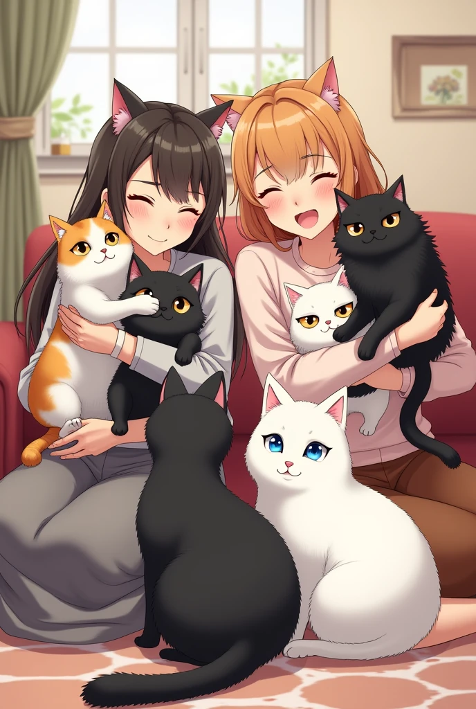 One bicolour cat, one calico fluffy cat, one black fluffy cat, one black cat, one white cat with blue eye colour, one white fat cat and two woman holding them.
