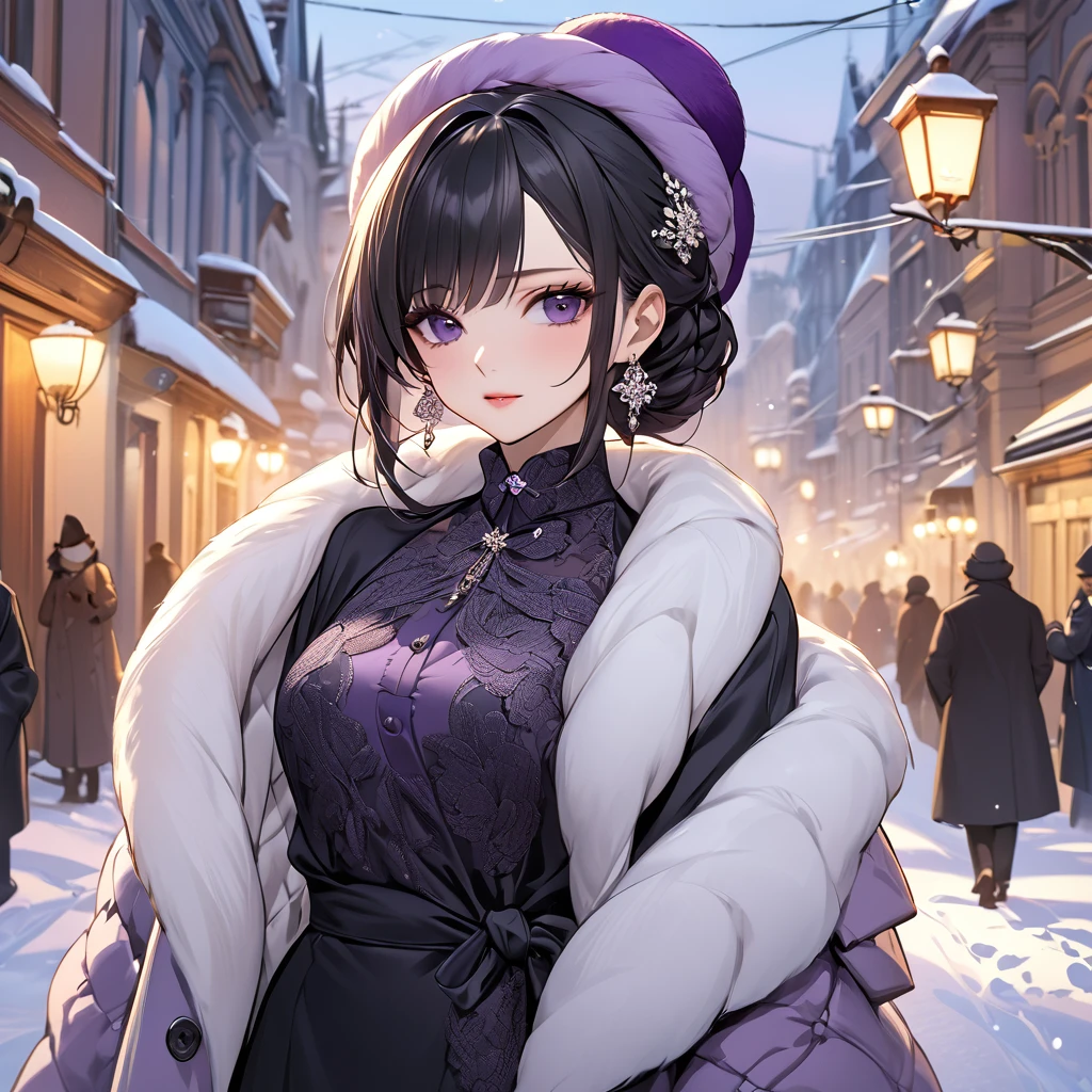 ((Highest quality)), ((masterpiece)), (detailed), （Perfect Face）、The woman is Shinobu Kocho, a Russian with black hair in a purple gradient bob style, tied up in a formal evening hairstyle.、In a Russian city in winter, a woman is beautifully dressed in everyday Russian winter clothes, a Russian hat, and luxurious accessories.