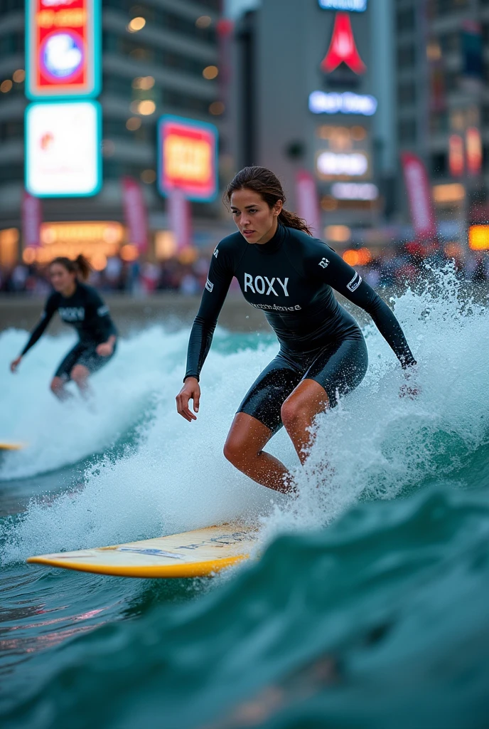 Women surfing in Dotonbori - Real photos audience Surfing competitions Longboard Rash guard with tournament number Realistic photo expression The rash guard is from ROXY