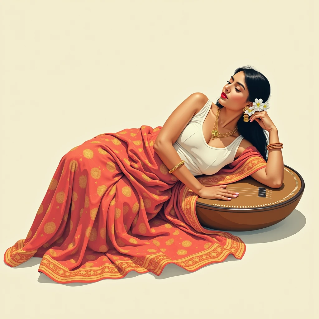 An exquisite minimalist masterpiece by Grace Paola Salome, capturing the essence of a young South Indian morden college woman. The woman is weares elegant sleeveless blouse in a vibrant, colorful chudidar with intricate patterns, draping fluidly around her graceful form. She is depicted in various romantic and feminine poses, expressing both her strength and vulnerability. The artist's skillful use of simplified lines and subtle curves creates an intimate atmosphere, inviting the viewer to become immersed in her joyful laughter. The woman She was lying on a huge south Indian traditional Veena her side with her eyes closed, one hand supporting her head and the other resting on a surface. She is adorned with gold jewelry and her hair is styled in a low bun, decorated with white flowers. The canvas is intentionally sparse, allowing her presence to shine and captivate the viewer. This conceptual art piece masterfully balances