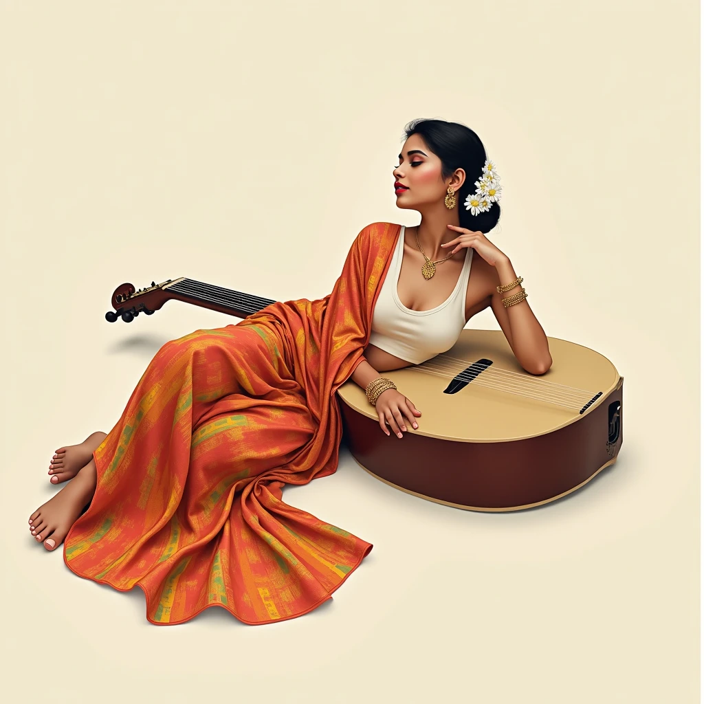 An exquisite minimalist masterpiece by Grace Paola Salome, capturing the essence of a young South Indian morden college woman. The woman is weares elegant sleeveless blouse in a vibrant, colorful chudidar with intricate patterns, draping fluidly around her graceful form. She is depicted in various romantic and feminine poses, expressing both her strength and vulnerability. The artist's skillful use of simplified lines and subtle curves creates an intimate atmosphere, inviting the viewer to become immersed in her joyful laughter. The woman She was lying on a huge south Indian traditional Veena her side with her eyes closed, one hand supporting her head and the other resting on a surface. She is adorned with gold jewelry and her hair is styled in a low bun, decorated with white flowers. The canvas is intentionally sparse, allowing her presence to shine and captivate the viewer. This conceptual art piece masterfully balances