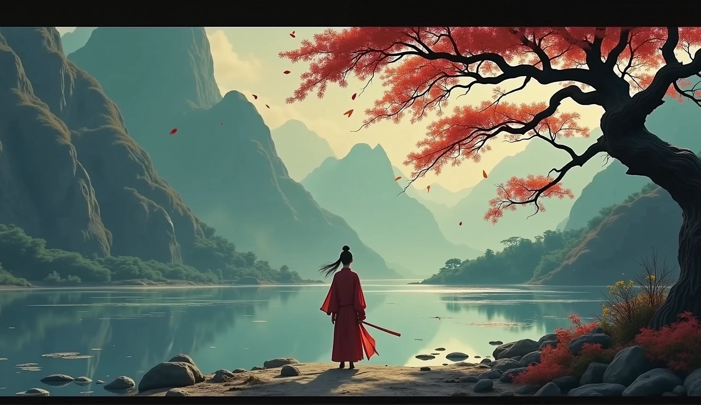 One picture describes five scenes,Movie storyboard scene 1:The sky rises straight up and destroys the vast,The Endless Tai Chi Long Scene 2:I haven't seen blood and grief for years,Forgetting Life and Death and Living in the Dust, Scene 3:Flying Stars Fly Far Away Crossing the Guan River,Ask the Lotus How to Know the Color of Ice and Snow Scene 4:Why hate the desolation after drinking,One Sorrow Is Not Enough to Unite the River Scene 5:The moon falls on the eaves of clothes,Borrowing a sword to pick flowers and scatter branches