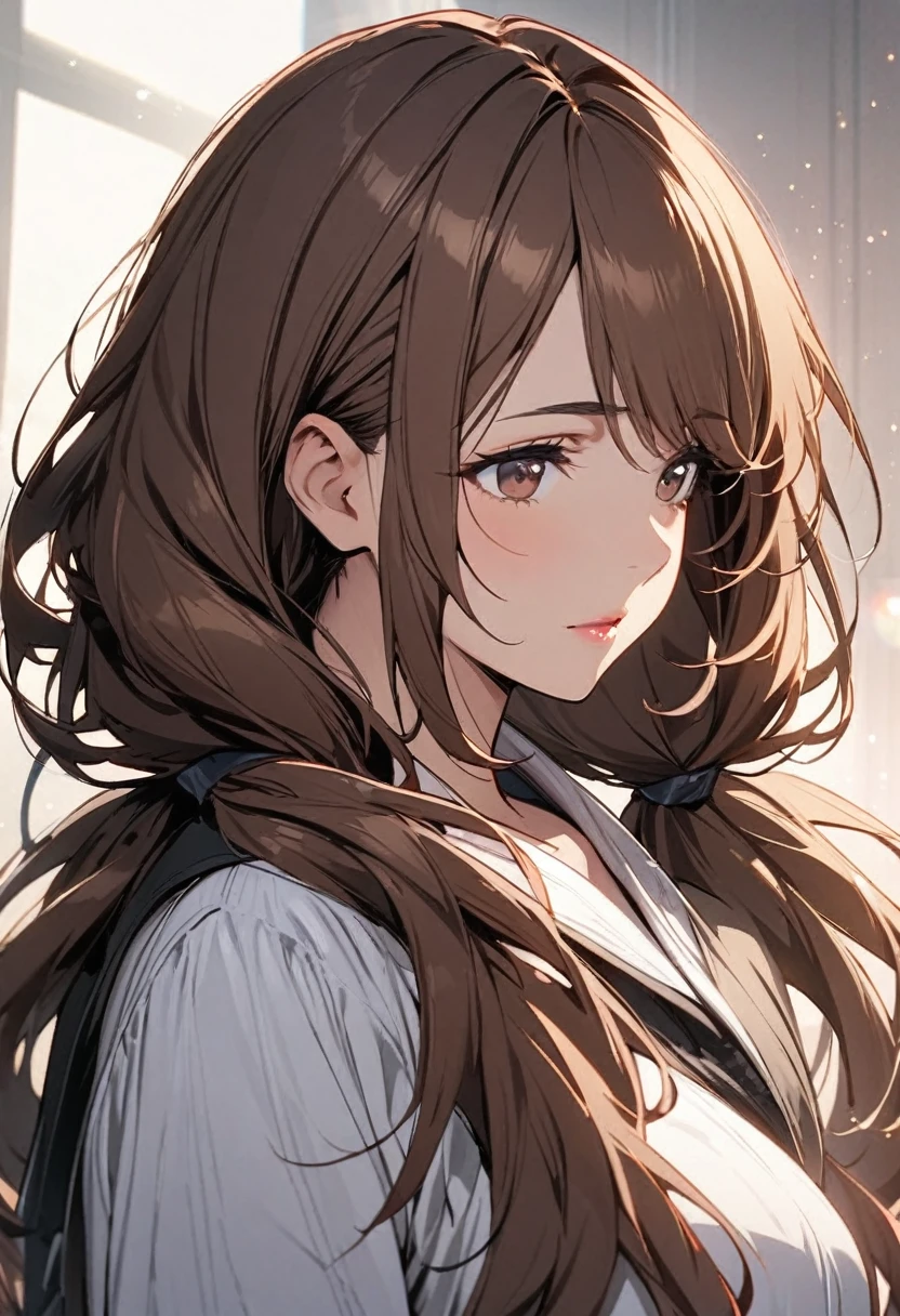 Solo, 1girl, Long Hair, low twin tails, brown hair, dark brown eyes, mature, high detail, adult, calm, bangs swept to the side