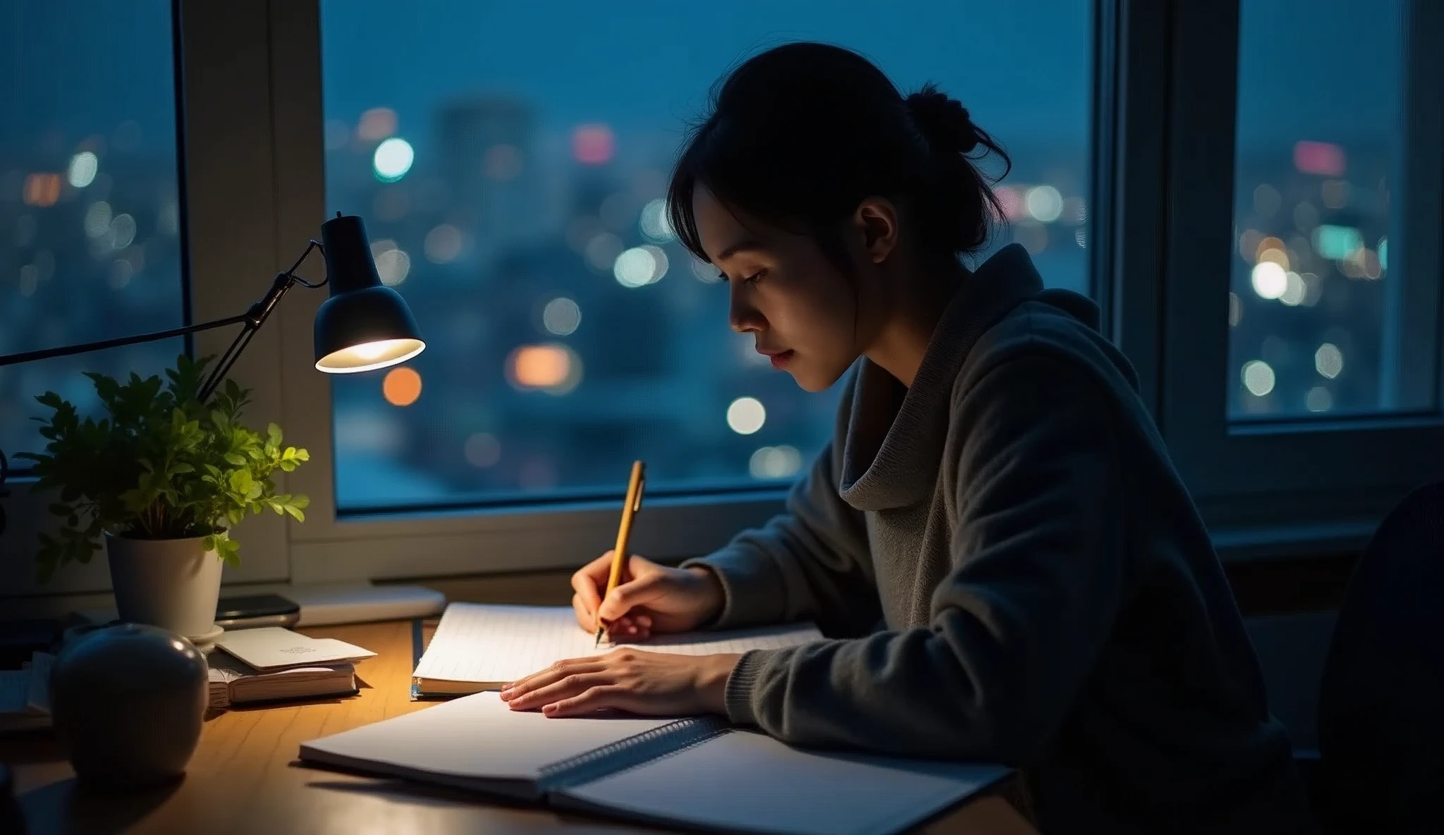 This photo was taken from an overhead angle.、beautiful japanese woman、It looks like he is studying hard in his room at night.。She holds a pen in a calm room.、silent々I am confronted with the text。You can see the night view of the city from the window。You can concentrate on your studies in the calm atmosphere of the evening.。