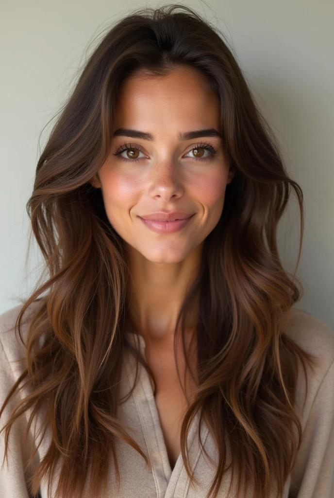 A realistic portrait of a 35-year-old woman with long, flowing brown hair, light brown eyes, and a warm, natural complexion. Her expression is soft and confident, with a hint of a smile. The background is neutral, allowing her features to stand out. She has a mature yet youthful appearance, dressed in casual, understated clothing.