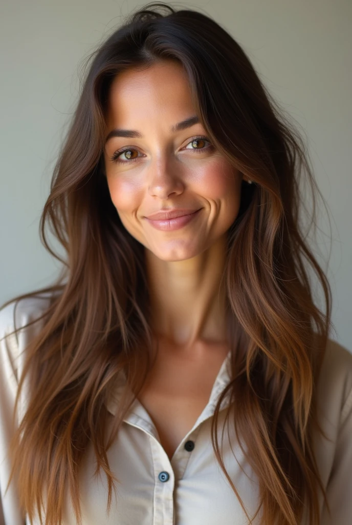 A realistic portrait of a 35-year-old woman with long, flowing brown hair, light brown eyes, and a warm, natural complexion. Her expression is soft and confident, with a hint of a smile. The background is neutral, allowing her features to stand out. She has a mature yet youthful appearance, dressed in casual, understated clothing.