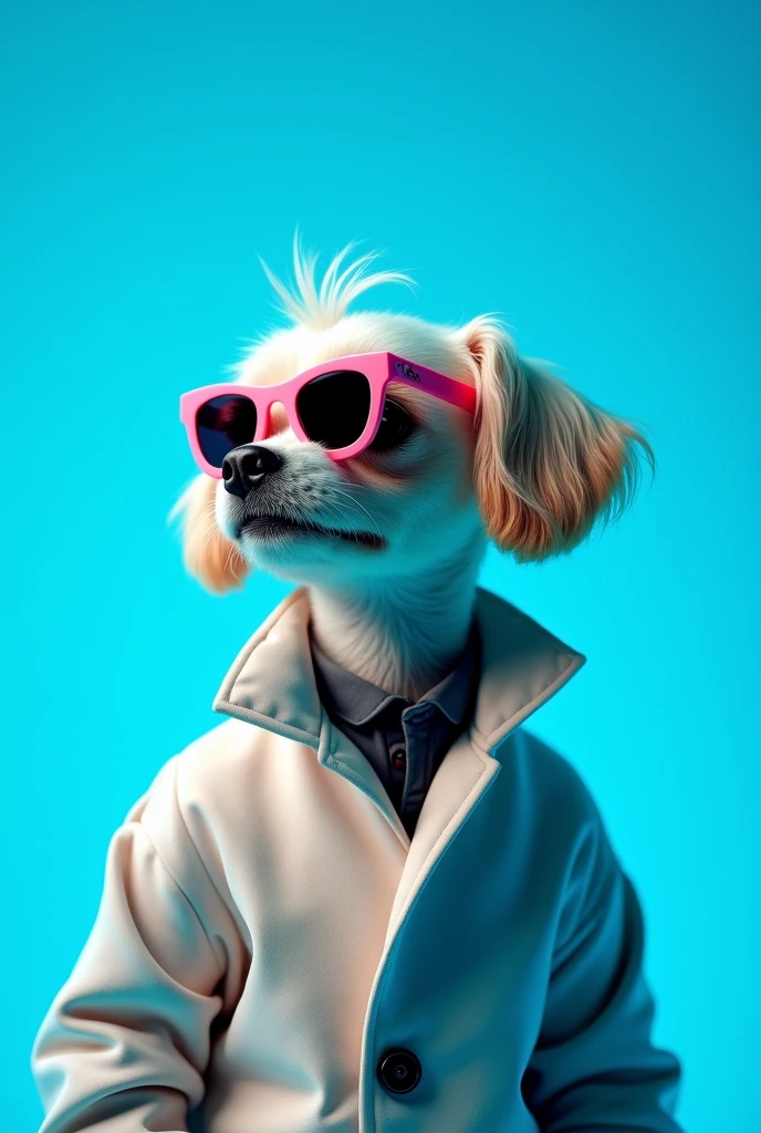 The best cell phone wallpaper, Award-Winning Wallpaper, portrait photography, In the front view is a portrait of a cute dog wearing mid-1960s space age fashion, Side view photo, Shot with Canon EOS R5, Set a strong contrast that accentuates the subject, Fluorescent blue tone, Wearing a very modern coat and sunglasses is a modern 1960s style, Clothes all in one color, beautiful background