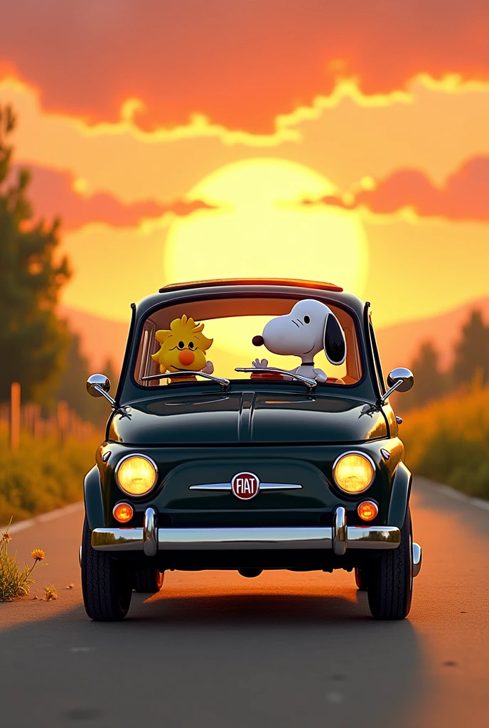 Snoopy and his friend the ( just the two of them ) in a car and Snoopy is driving and his bird is co-pilot and I want it to look from the front as if the car was going straight towards you and the car is black, Fiat brand and with a sunset in the background, 2D image Make it simpler like a drawing and I want it to be a hatchback style car and not a roofless car and I want Snoopy and the bird to look like their original design