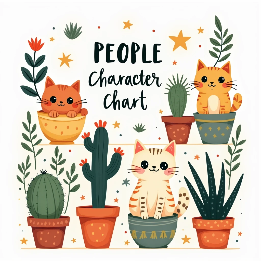 Cute cats in pots, cacti and plants, colorful illustration in the style of Tracie Grimwood, white background with black text, "people character chart" bold lines and flat colors, cut paper style illustrations, children's book illustrator