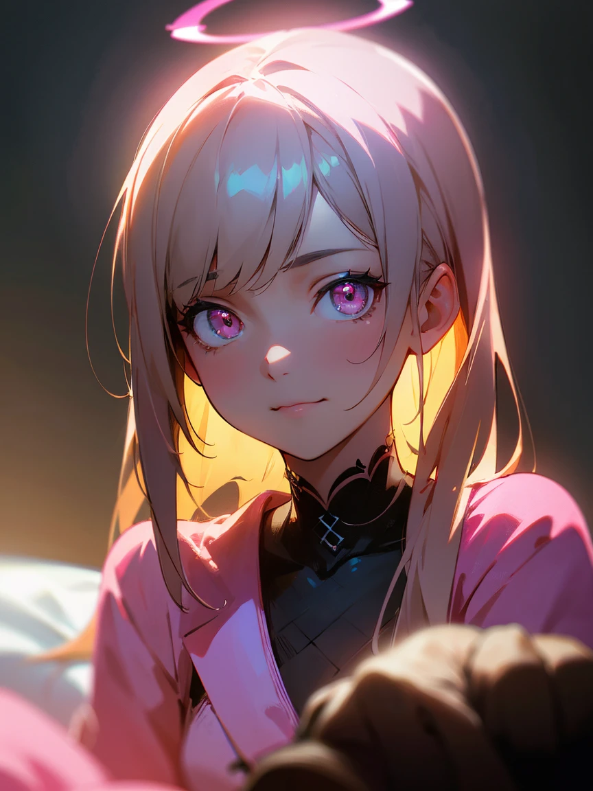 chromatic aberration, depth of field, soft lighting, masterpiece, best quality, intricate, tone mapped, highly detailed, artstation, concept art, smooth, sharp focus, dramatic lighting, highly detailed artwork, cinematic, hyper realistic painting, trending on Artstation, 8K, incredible shadows, realistic, (highly detailed background:1.0), A highly detailed portrait of a solo 1girl sitting in her room neon and cute background, she is wearing all pink clothes and wear heejab, detailed glowing brown eyes with distinct pupils, ominous aura Halo, smile, punk, cute, backlighting
