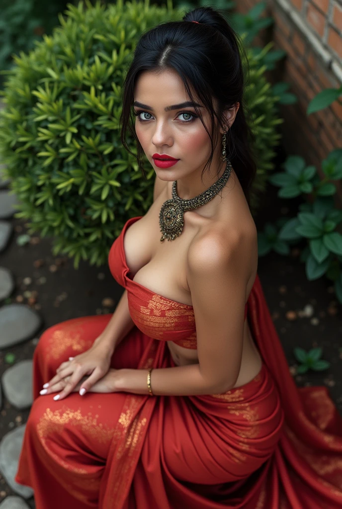 A sexy beautiful fair skin Indian girl in red saree and gold jewellery seating in garden with huge breast and uncovered breast with aroused nipple.