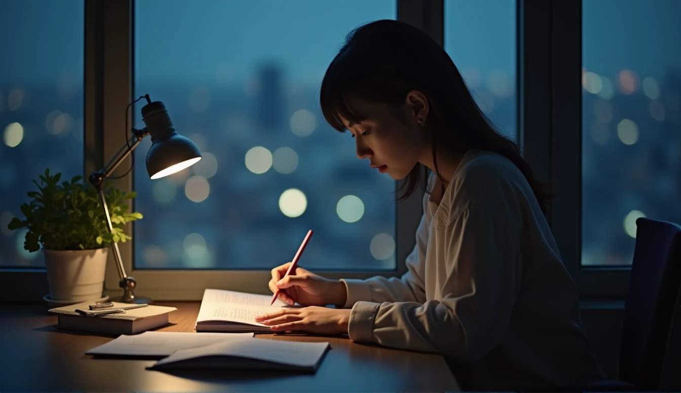 This photo was taken from an overhead angle.、beautiful japanese woman、It looks like he is studying hard in his room at night.。She holds a pen in a calm room.、silent々I am confronted with the text。You can see the night view of the city from the window。You can concentrate on your studies in the calm atmosphere of the evening.。