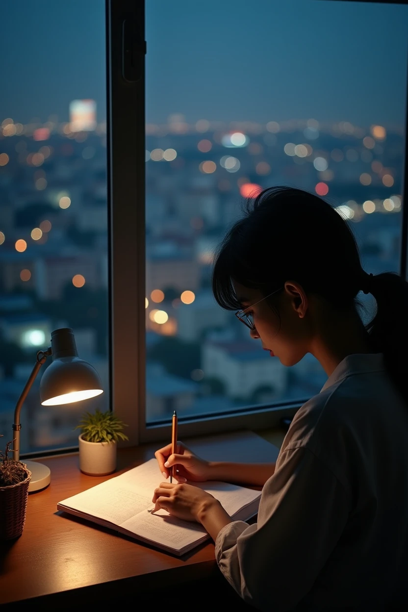 This photo was taken from an overhead angle.、beautiful japanese woman、It looks like he is studying hard in his room at night.。She holds a pen in a calm room.、silent々I am confronted with the text。You can see the night view of the city from the window。You can concentrate on your studies in the calm atmosphere of the evening.。
