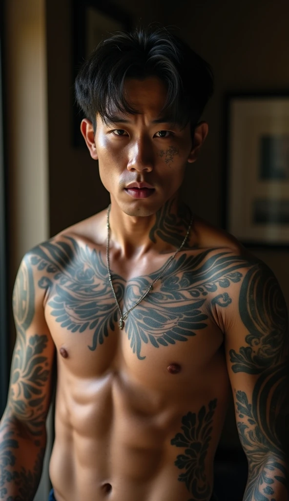 tattooed korean man, with scar on his face, expression of lust and desire on his face, Kale, with thick erect penis in a room