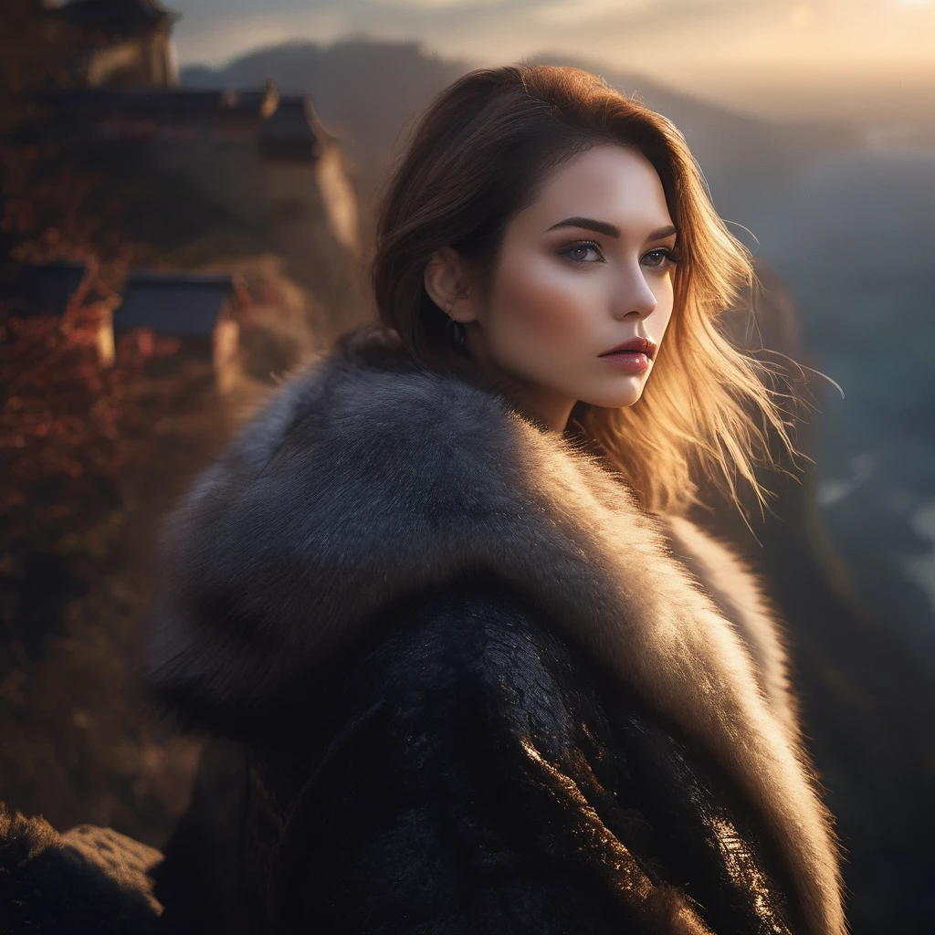 Chris (Sharp focus:1.2), photograph, Attractive Young Woman, (Beautiful Face:1.1), Detailed eyes, Seductive lips, (Smokey Eye Makeup:0.85), wear (Fur coat:1.2) To (Cliff Side:1.2). (Moody lighting:1.2), Depth of written boundary, Bokeh, 4K, High resolution. Toよる (James C. Chrisテンセン:1.2|Jeremy Lipking:1.1).,
Small Japanese castle background
