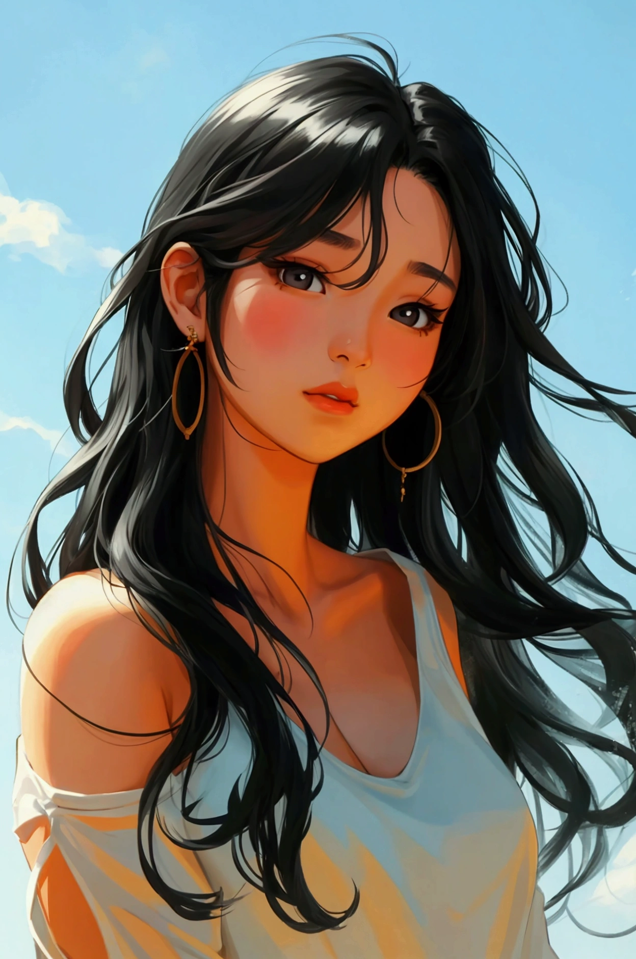 the icon for the game, character icon, korean girl, long wavy hair, black hair, 21 years old,grey background, comic style, half body,