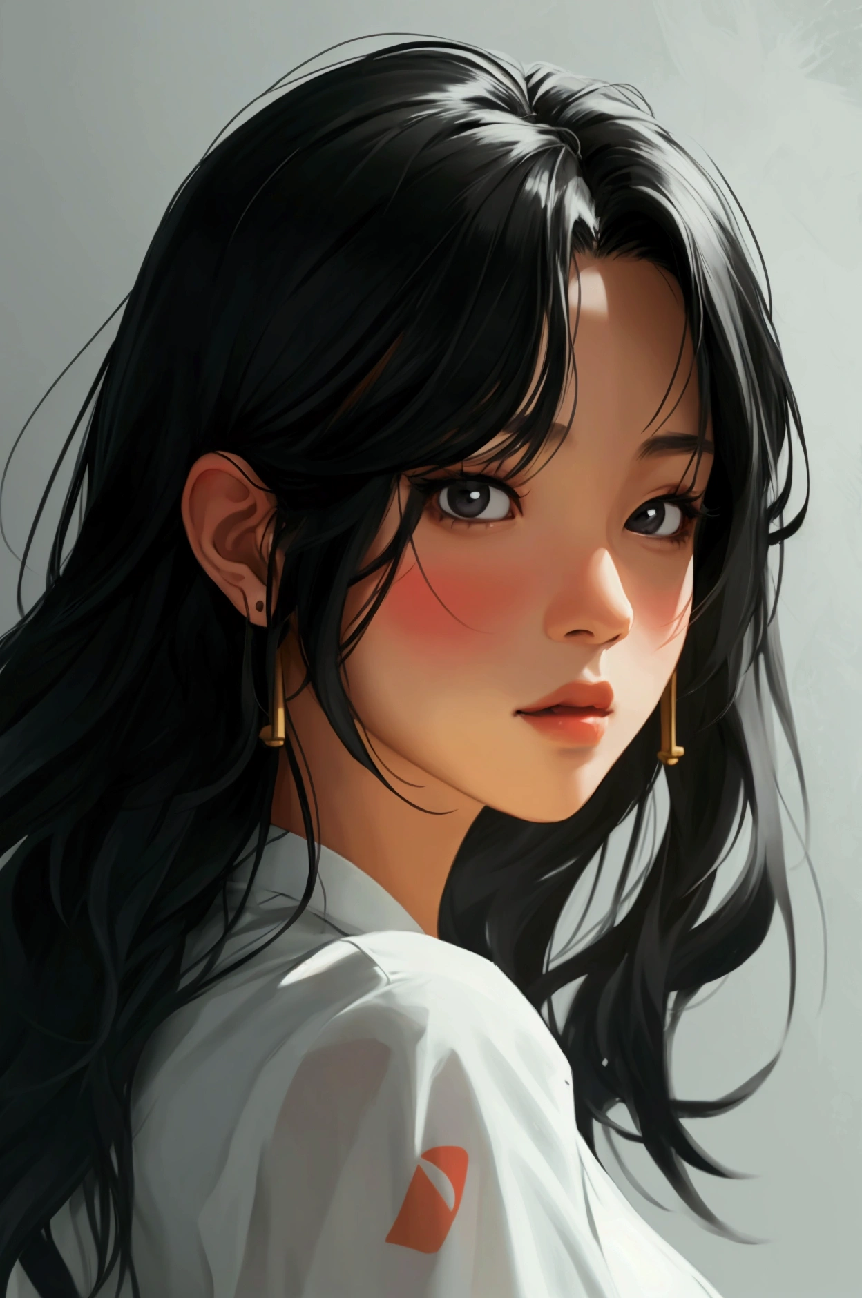 the icon for the game, character icon, korean girl, long wavy hair, black hair, 21 years old,grey background, comic style, half body,