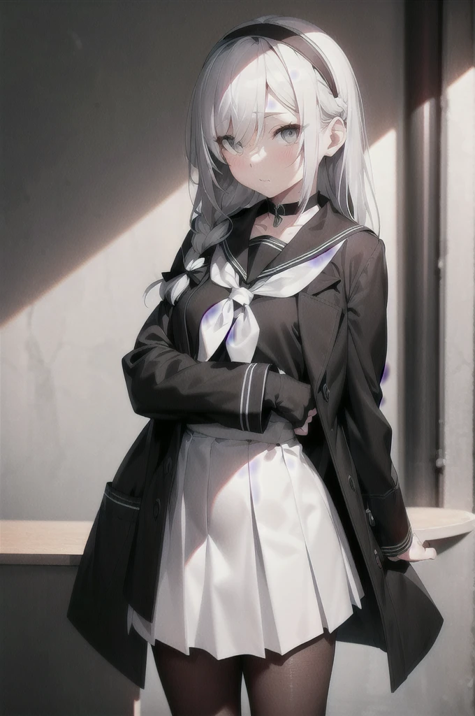 city background, arms behind back, 1girl, solo, halo, pantyhose, long hair, skirt, braid, hair over one eye, hairband, neckerchief, choker, white hair, standing, sailor collar, school uniform, black choker, long sleeves, looking at viewer, black hairband,  shirt, black pantyhose, pleated skirt, black skirt, open clothes, bangs, black serafuku, closed mouth, black shirt, collarbone, black sailor collar, white neckerchief, couch, single braid, coat, grey eyes, hair ribbon, black coat, ribbon, open coat, white shirt, side braid