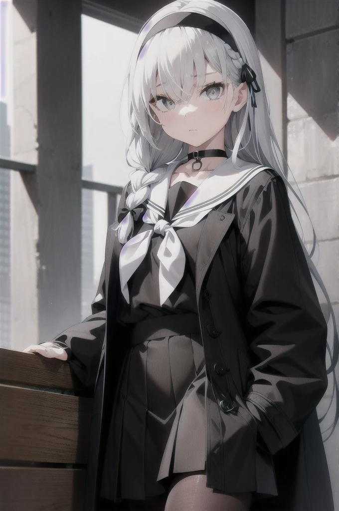 city background, arms behind back, 1girl, solo, halo, pantyhose, long hair, skirt, braid, hair over one eye, hairband, neckerchief, choker, white hair, standing, sailor collar, school uniform, black choker, long sleeves, looking at viewer, black hairband,  shirt, black pantyhose, pleated skirt, black skirt, open clothes, bangs, black serafuku, closed mouth, black shirt, collarbone, black sailor collar, white neckerchief, couch, single braid, coat, grey eyes, hair ribbon, black coat, ribbon, open coat, white shirt, side braid
