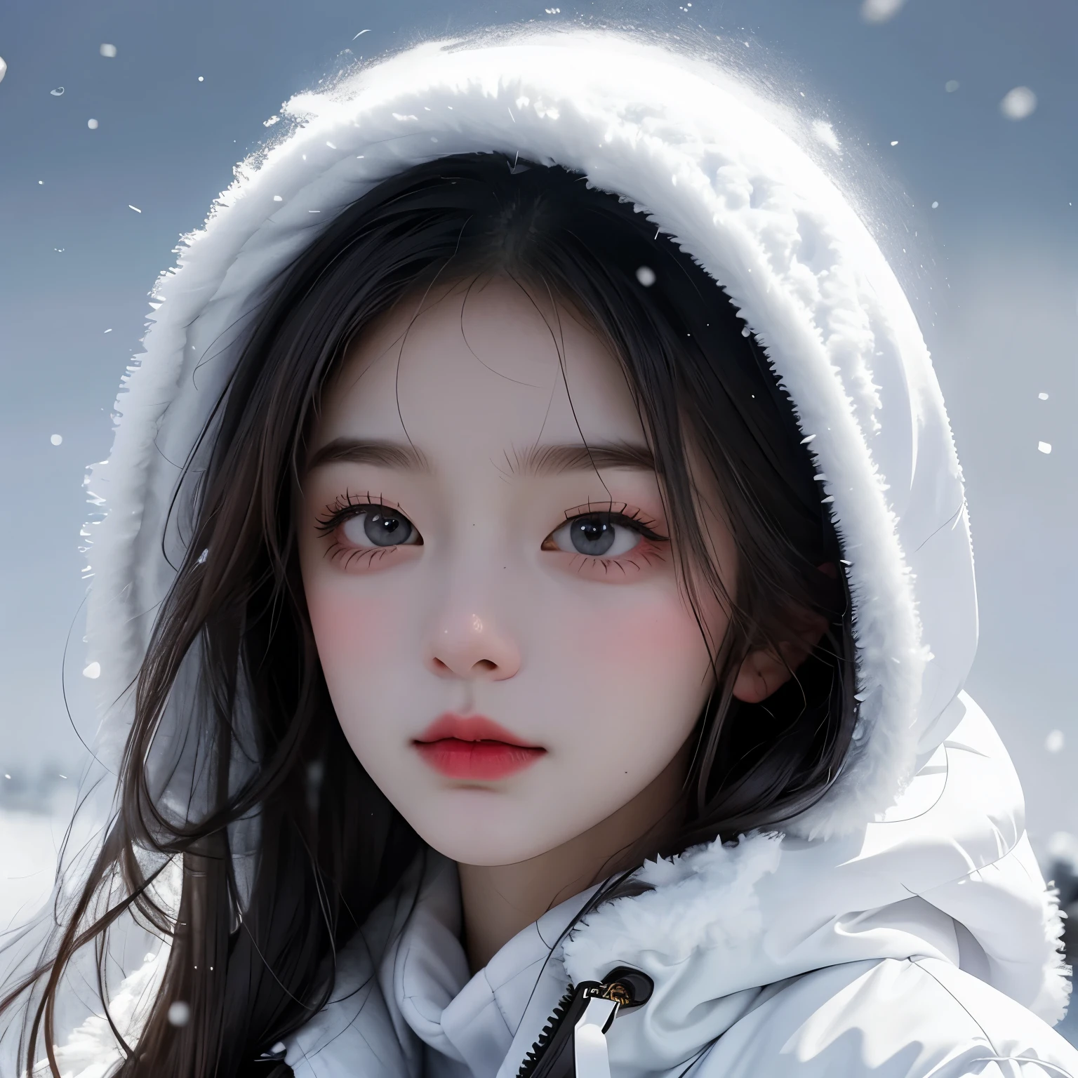 A snow girl, Wearing fulffy cold jacket, Beautiful face, looking facing on camera, A little hair covered the face, a snow storm, motion blur, monochromatic, low angle view,