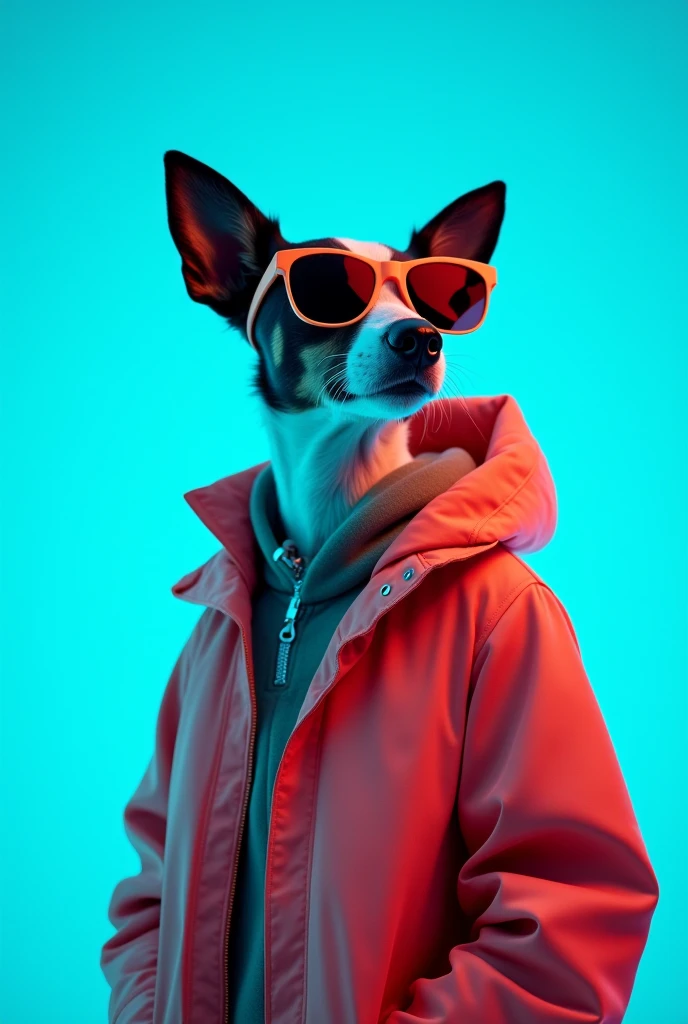 The best cell phone wallpaper, Award-Winning Wallpaper, portrait photography, In the front view is a portrait of a cute dog wearing mid-1960s space age fashion, Side view photo, Shot with Canon EOS R5, Set a strong contrast that accentuates the subject, Fluorescent blue tone, Wearing a very modern coat and sunglasses is a modern 1960s style, Clothes all in one color, beautiful background
