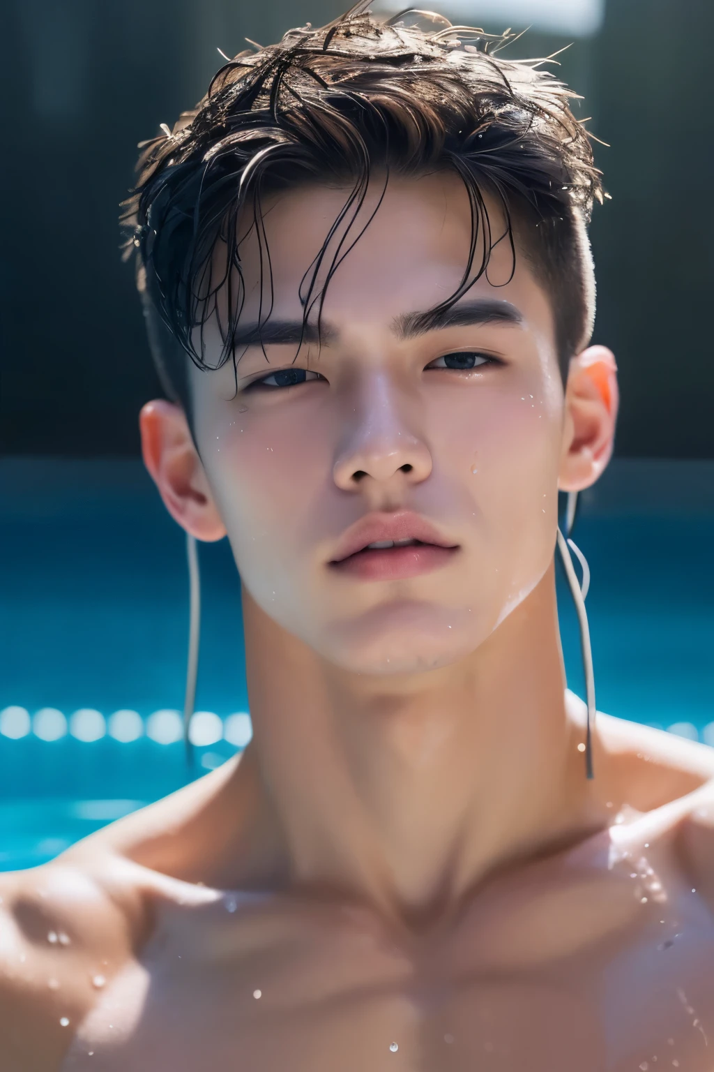 Portrait of muscular boy, Mature,swimming pool,18-year-old boy,Wet,masterpiece