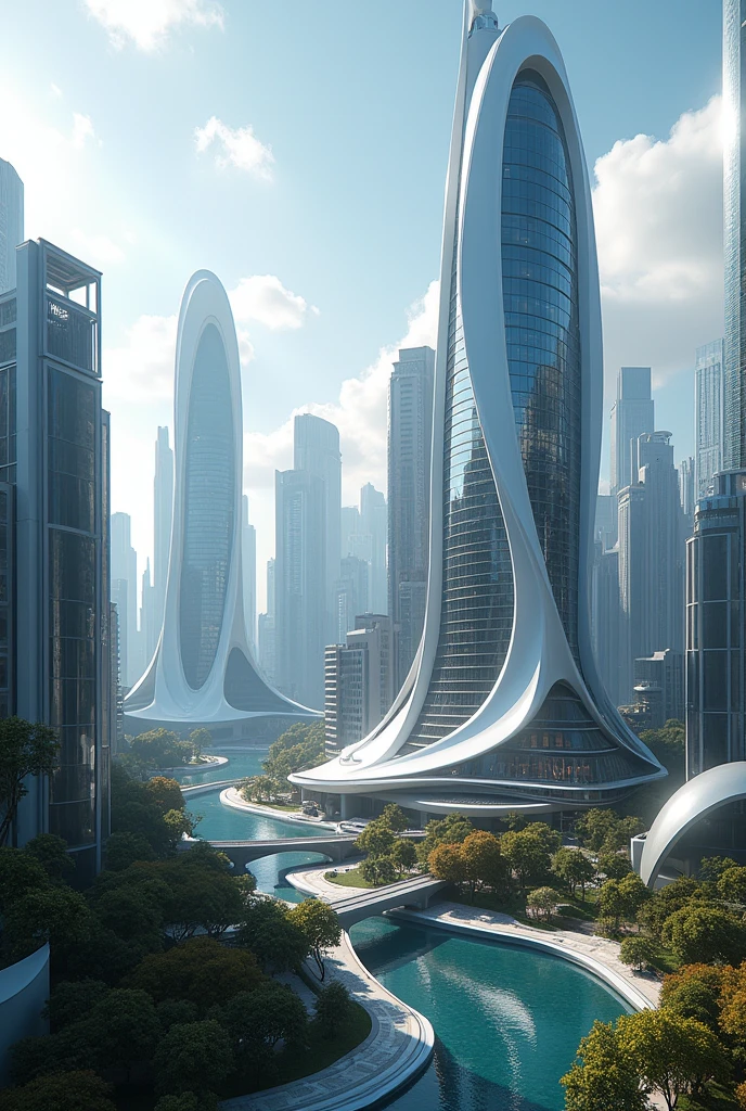 Futuristic modern smooth shaped buildings,An old company in a city of buildings,