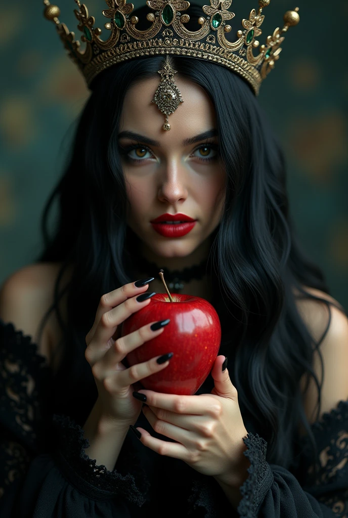 ((RAW Photo), absurd, (absurdresolution)), masterpiece, best quality, (Extremely detailed 8k unity CG wallpaper), (best illustration), (best shadow), Realistic lighting, beautiful detailed glow, ((21 years old)), girl, long black hair, black queen, accessories, apple in hand, poisoned apples, witch queen, red lipstick, (((Photographic Perspective of her)))