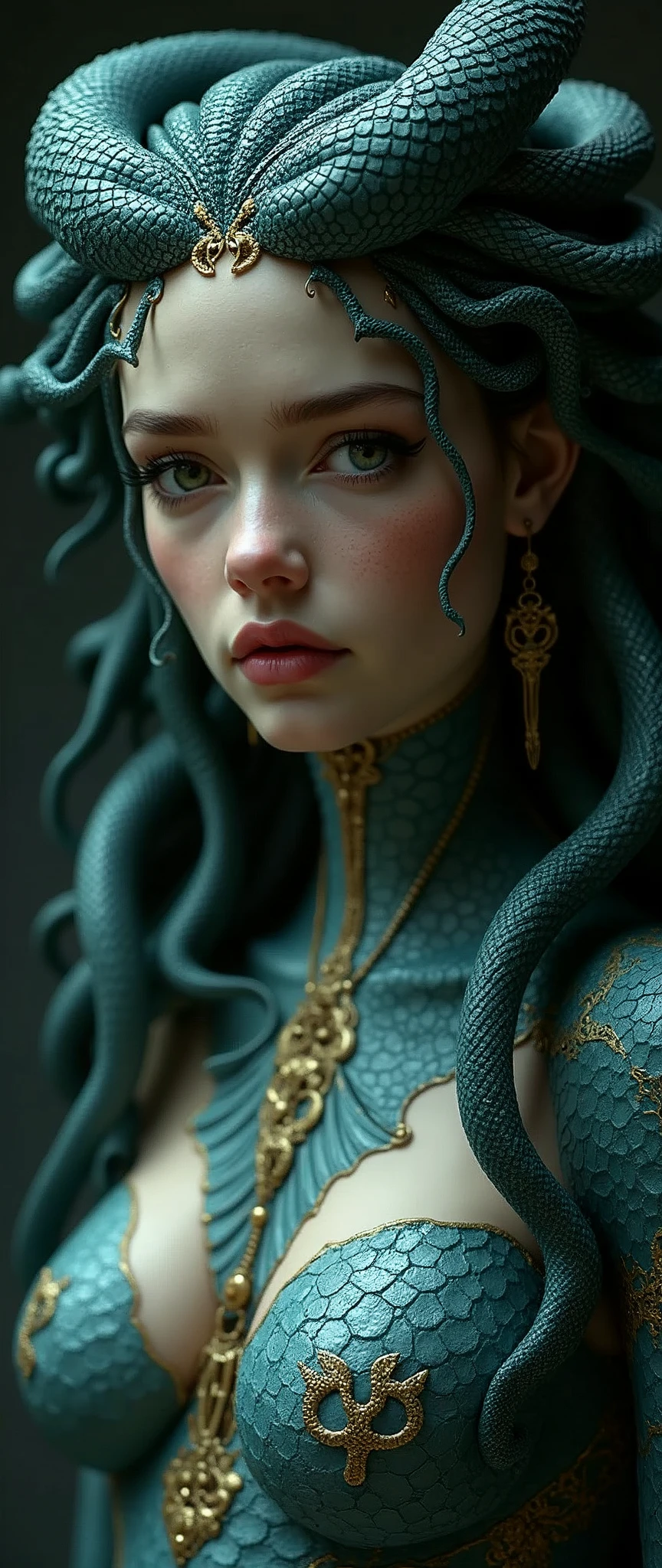 (masterpiece:1.2, Highest quality,Highest quality),(Very detailed:1.3),8k,wallpaper,Ultra-fine painting,Narrow your focus,Physically Based Rendering,(((Medusa, snakeの怪物の体, human face and upper body))),(woman,Beautiful Face,Glowing Skin,Beautiful Hands,Great hands),(彼女の髪は無数の小さなsnakeでできている),(Green Eyes),(((Snake Skin Bodysuit))),(((体にはsnakeの鱗がある))),((Satanic attraction)),((Big Breasts:1.5)),(Thick thighs:1.5),(((Better Hands))),((((Black contrast background, Gray and blue:1.5)))),Sexy pose,(front:1.5),(look at me),(((Sad look:1.2))),(Medusa,Ingrown,snake)