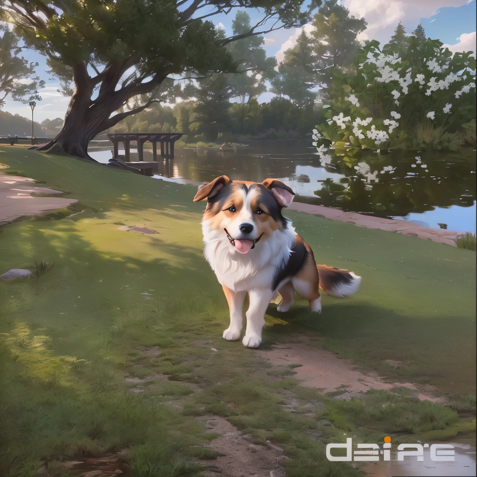 there is a dog sitting on the grass near the water, disney photorealistic, PICTURE REALISTIC, ultra PICTURE REALISTIC, spotted ultra realistic, Realistic Scene, realistic disney photo, photoPICTURE REALISTIC, high quality photorealism, hyper realistic fur, hyper-realistic adventure rendering, highly realistic photo, hyperPICTURE REALISTIC, adorable digital painting, natural realistic rendering, realist art