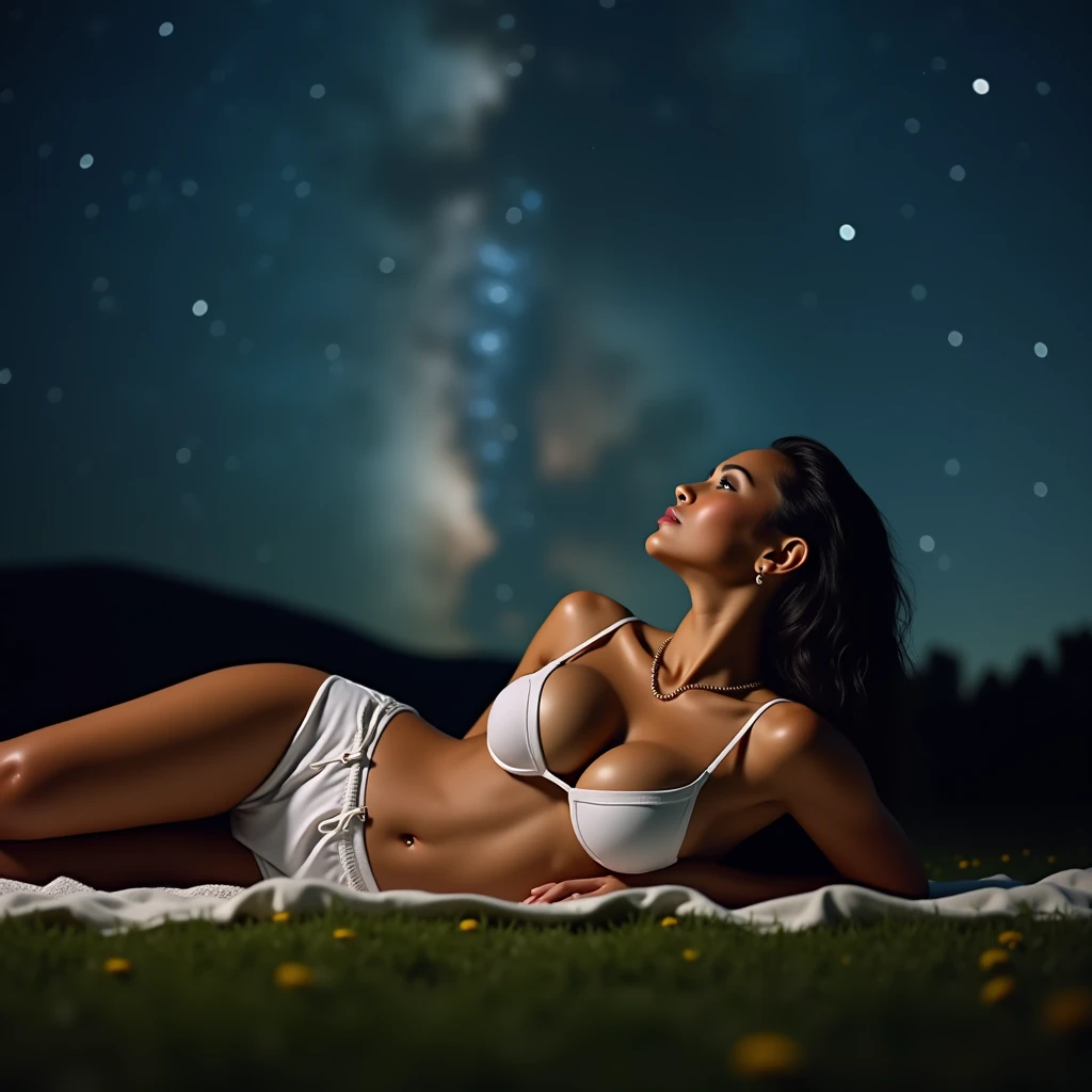 generate a master photograph describing a shapely Woman, a serene summer night sky filled with stars and a clear view of the Milky Way, with a tranquil atmosphere, (8K, best quality), she has a physique like Zendaya,naked breast, smile, brown hair, black hair, (big chest, small tiny waist, big breasts), half body, lying on a blanket on the grass, gazing up at the stars with a look of wonder, smiling gently, wearing casual home attire, (She has sexy buttocks, Most sexy booty, Most sexy glutes), Womanly, Womancore, (She has fit hips, sexy hips, sexy fit hips, extremely sexy hips), (asian skin, glistening skin, beautiful complexion), shot on Fujifilm superia, (Studio soft light, high detail, cinematic lighting, rim lighting), Style: (hyperrealistic, by DynastySeries FashionNova, photo, {{{masterpiece photography}}}, analog photograph, professional fashion photoshoot, trending on artstation, synthwave, krrrsty), Quality: (photographed, masterpiece, highest resolution), Definition: (highres, sharp focus, 8k uhd, ultra photo-realistic resolution), Film: (80 mm, shot on portra 120, shot on Fujifilm), Resolution: (extremely detailed, (sharp focus:1.5), cinematic lighting, dramatic lighting, ultra photo-realistic), luxury: mohawk hairstyle -upscale - -variation -