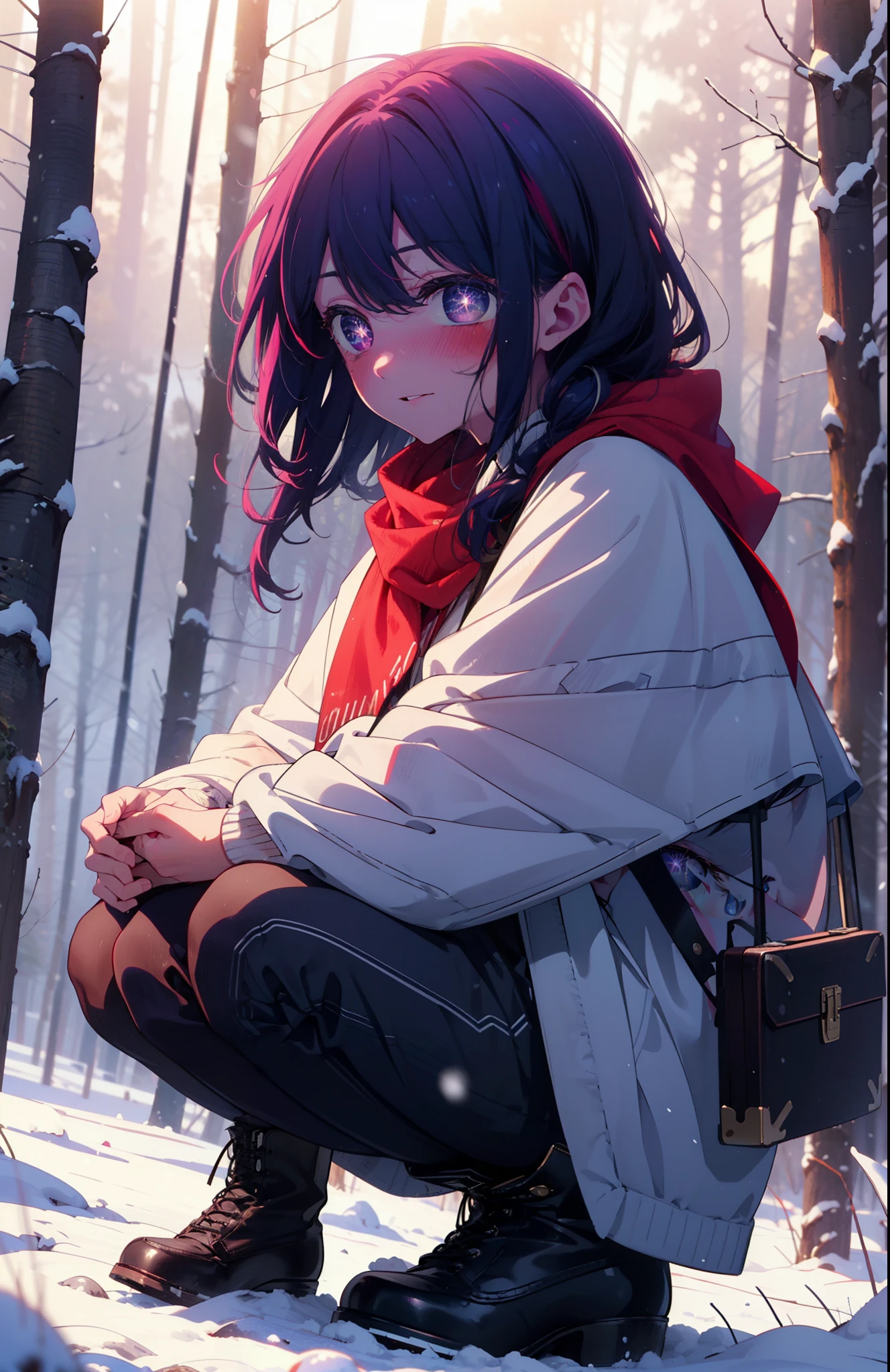 aihoshino, Ai Hoshino, Long Hair, bangs, (Purple eyes:1.1), Purple Hair, (Symbol-shaped pupil:1.5), smile,,smile,blush,white breath,
Open your mouth,snow,Ground bonfire, Outdoor, boots, snowing, From the side, wood, suitcase, Cape, Blurred, , forest, White handbag, nature,  Squat, Mouth closed, Cape, winter, Written boundary depth, Black shoes, red Cape break looking at viewer, Upper Body, whole body, break Outdoor, forest, nature, break (masterpiece:1.2), Highest quality, High resolution, unity 8k wallpaper, (shape:0.8), (Beautiful and beautiful eyes:1.6), Highly detailed face, Perfect lighting, Highly detailed CG, (Perfect hands, Perfect Anatomy),