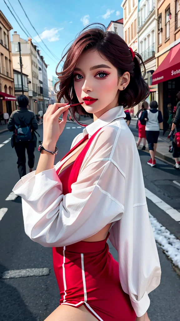 on street,robe rouge moulante epaule denude，8k,Light red reflective clothing (Low-cut),Cosmetic, (lipstick: 1.1), (eye liner: 1.2), mascara, eye shadow,Outdoor sports, loops of&#39;ears, neckleace, collants blanc, Rides aux coins des yeux, Mouth wrinkles,High goal Neck Knit Bodycon Skirt，tir de tout le corps，A European woman，65 ans，larges yeux gris，elegant temperament elegant temperament，(head of&#39;artwork:1.2, best quality), Practical, (La situation réelle,45 ans， intricate details, depth of ﬁeld，High goal neck clothes), prudent, The content is very detailed, c&#39;est un visage parfait, corps parfait, Large model, femme mature, High goal，White silk garter，8k,best quality, head of&#39;artwork, Ultra haute résolution,(realistic:1.4), Photo originale, Stay focused, detailed, spectacular, Beautiful exquisite woman, (grand et droit:1.1),(胖女神 desetallic robe epaule naked,High goal fitted skirt),half butterfly loops of&#39;ears, double ring neckleace, (:1.05), (65 ans, : 1.4),long curly hair, Angle dynamique, (Red lips)beautiful graphics, White reflective fishnet stockings，High goal heel