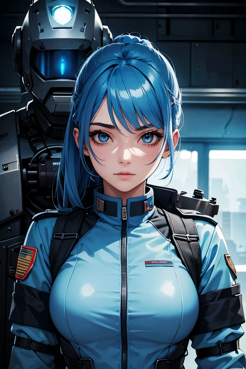 girl engineer, blue hair, tatoo on the face, in military uniform, with a robot on her back