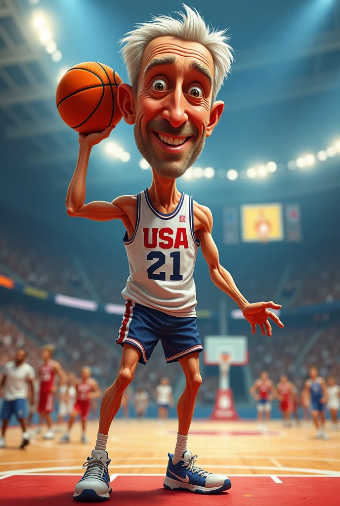 A very funny caricature of USA basketball team with a very big head and thin legs and big hand with playing basketball in Olympic stadium