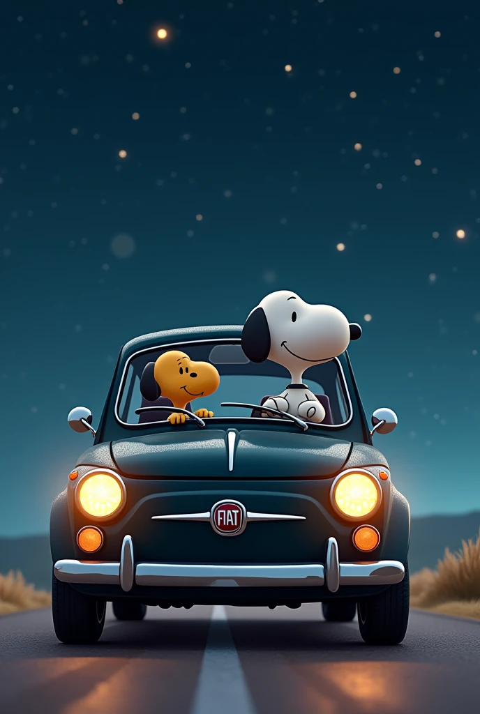 Snoopy and his friend the ( just the two of them ) in a car and Snoopy is driving and his bird is co-pilot and I want it to look from the front as if the car was going straight towards you and the car is black, Fiat brand and has a starry night in the background, 2D image Make it simpler like a drawing and I want it to be a hatchback style car and not a roofless car and I want Snoopy and the bird to look like their original design and the bird to be seen in profile like its 2D style