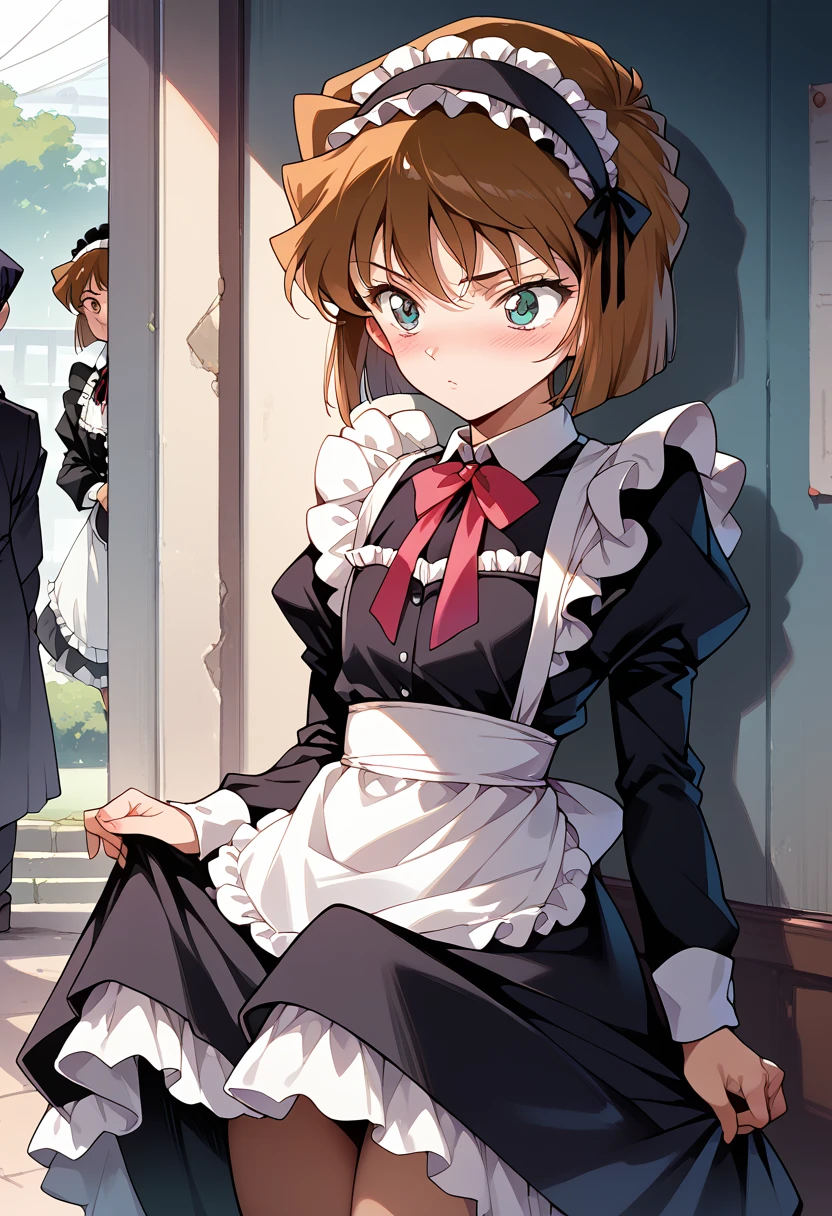 masterpiece,High resolution,Highest quality,8k(Detective Conan,ai haibara) (***************,,Flat Chest,Short,Brown Hair,short hair) ((Gothic ****ta maid outfit,Headband))Standing posture,blush,Displeased,skirt lift