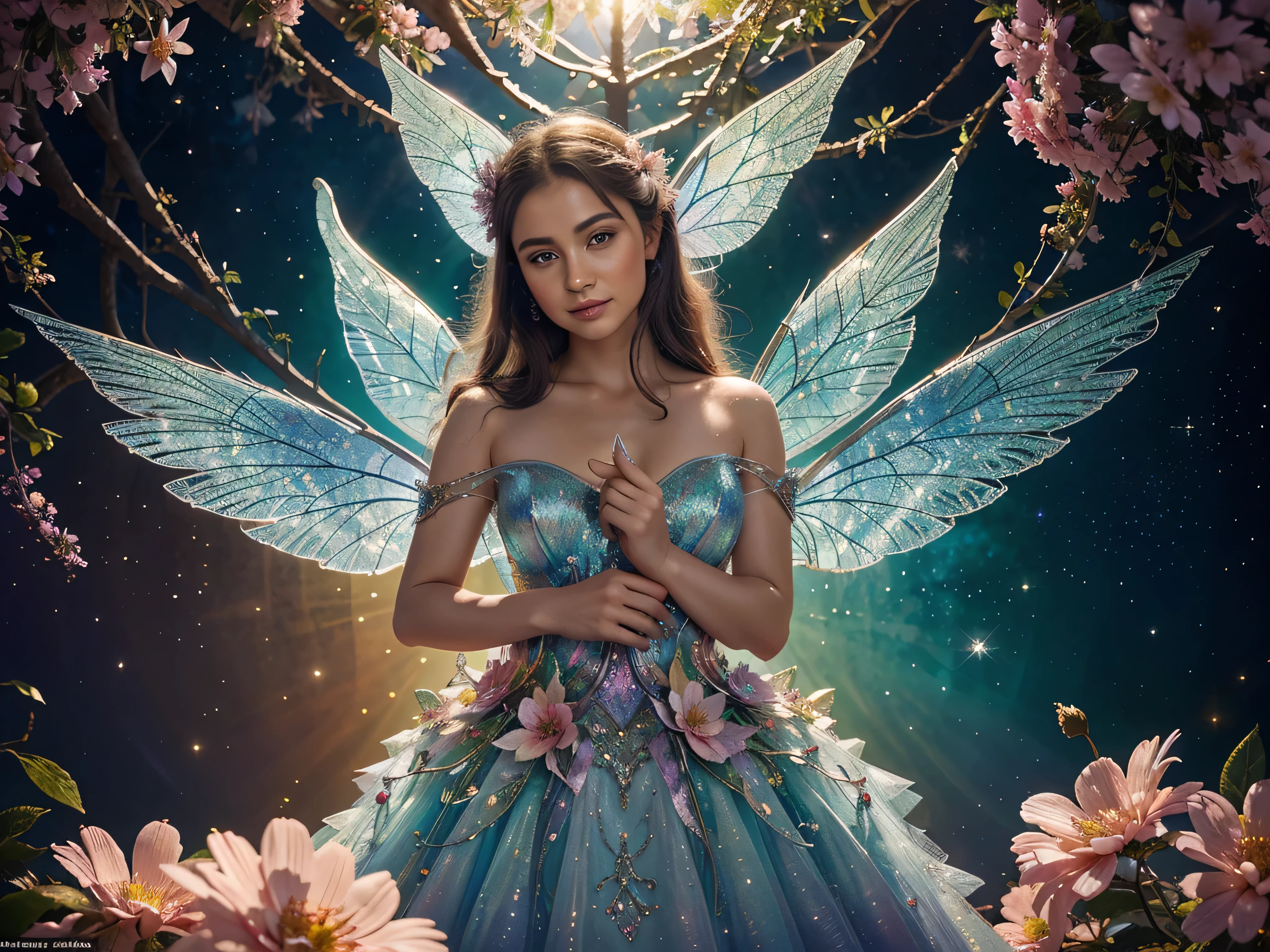In a dazzling panoramic gouache painting, a resplendent fairy adorned in luminous crystals and shimmering petals captivates the eye. This detailed artwork showcases a whimsical scene of nature's enchantment. The fairy's wings glisten with an ethereal iridescence, casting rainbow hues across the vibrant floral backdrop. Each delicate feature is expertly rendered, creating a magical aura of fantasy and beauty. This image is a testament to the artist's skill and imagination, inviting viewers into a world of wonder and delight.