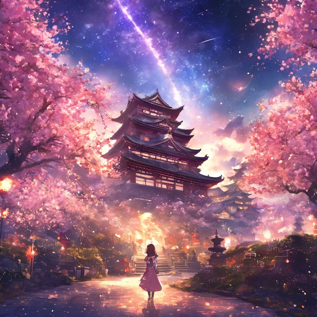 masterpiece, concept art, panorama, in the middle, shape, wide shot, flower garden, night, (meteor), space galaxy background, (great composition, epic scale), dynamic lighting, bright colors, cherry blossoms, one girl, garden, 
Small Japanese castle background