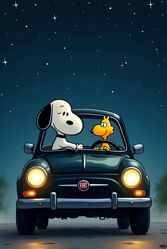 Snoopy and his friend the bird ( just the two of them ) in a car and Snoopy is driving and his bird is co-pilot and I want it to look from the front as if the car was going straight towards you and the car is black, Fiat brand and has a starry night in the background, 2D image Make it simpler like a drawing and I want it to be a hatchback style car and not a roofless car and I want Snoopy and the bird to look like their original design and the bird to be seen in profile like its 2D style