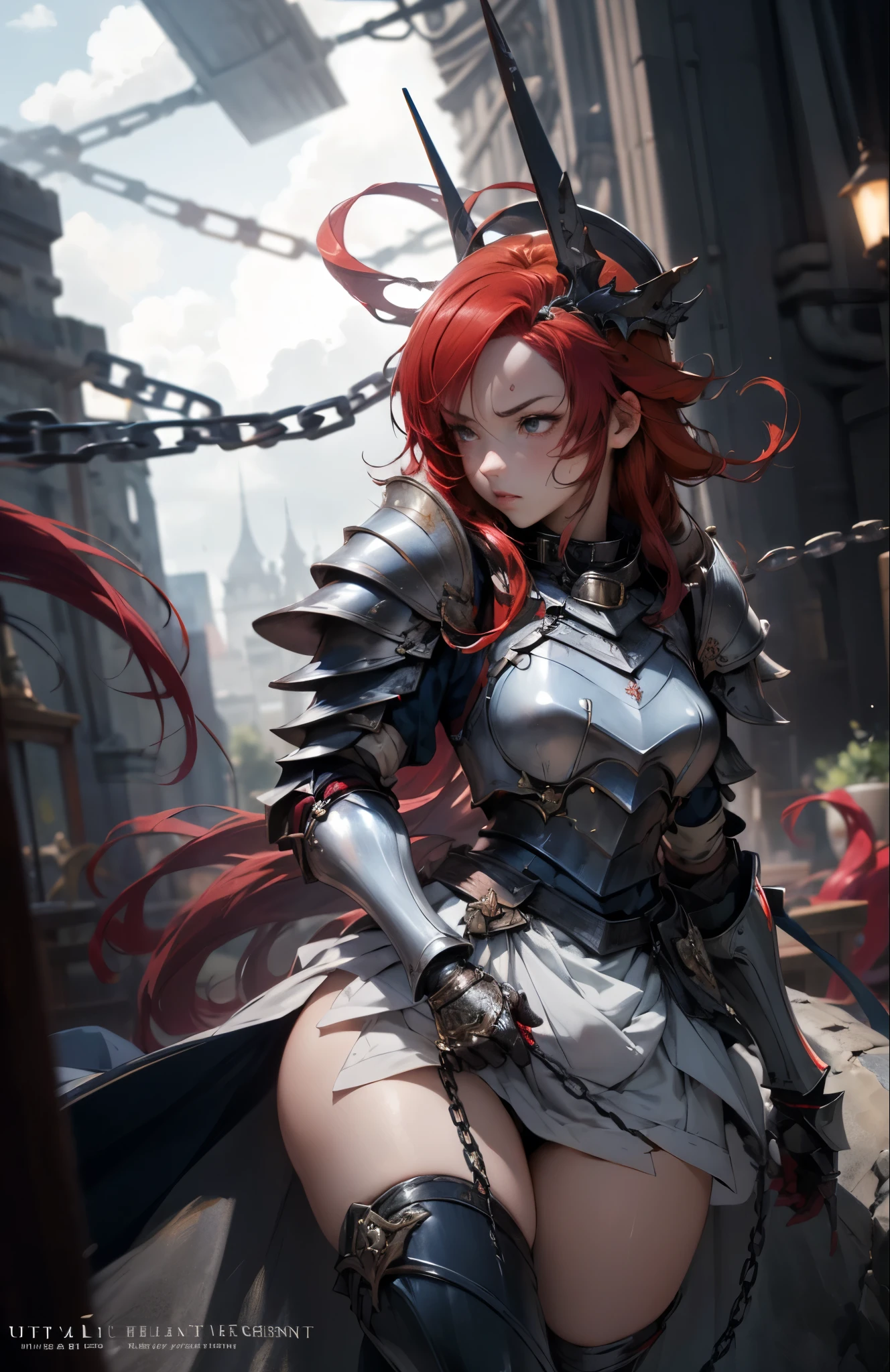 1girl, lisara restall, ((red hair:1.5)),
BREAK (armor, armored dress, chain, collar, dress, faulds, gauntlets, headpiece, metal collar, plackart, blue dress:1.2),
BREAK ((anime girl)), best quality, expressive eyes, perfect face, (masterpiece), best quality, expressive eyes, perfect face, ((best quality)), ((ultra-detailed)), ((an extremely delicate and beautiful)), perfect eyes, perfect body, ((synmetry eyes)), beautiful eyes, ((thick thighs)), shiny skin, soft skin, ((synmetry body)), ((perfect body)), 