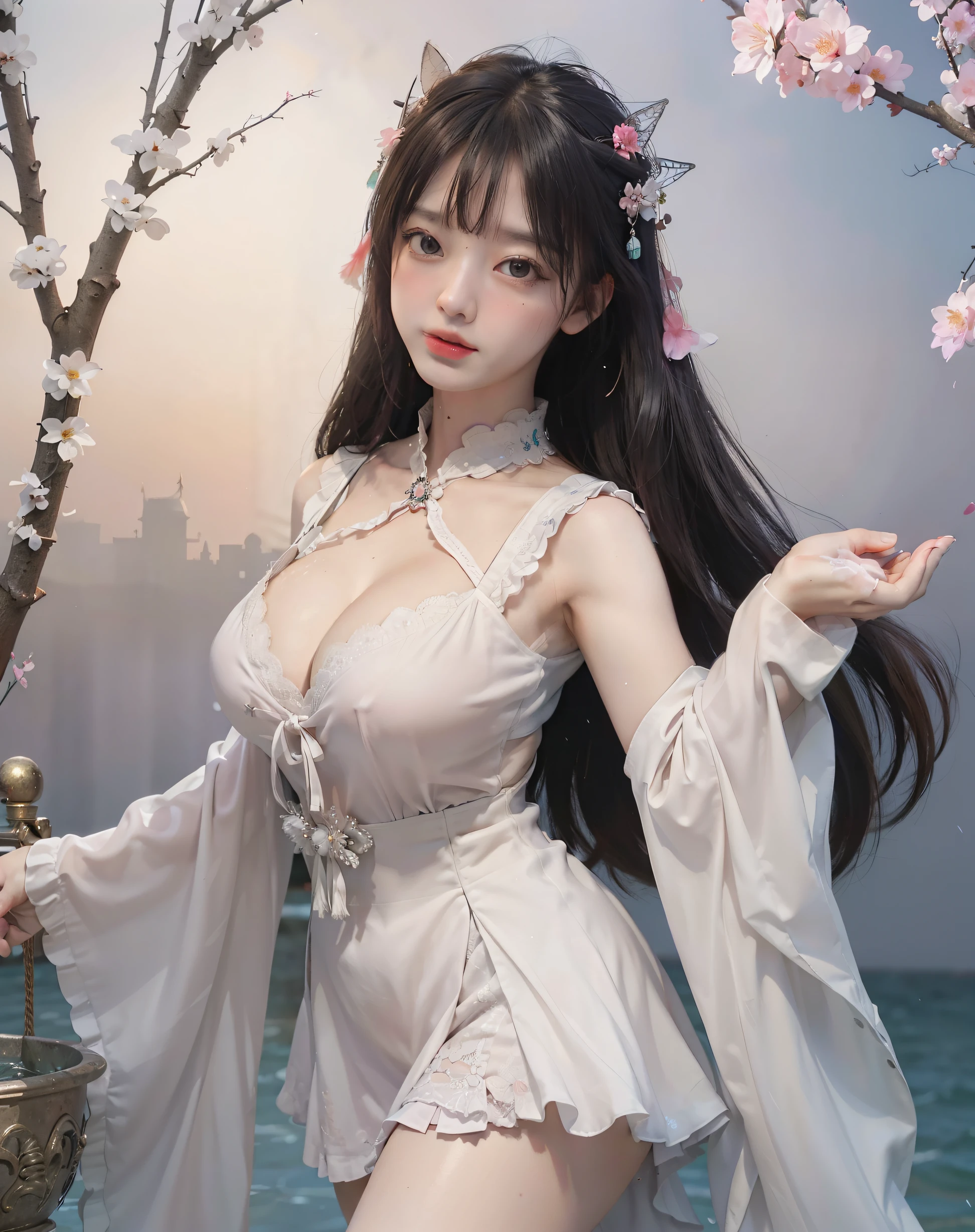 (8k, RAW photo:1.2), best quality, ultra high res,dramatic angle,(fluttered detailed color splashs), (illustration),(((1 girl))),(long hair),(rain:0.9), (Headdress:1.4),There is an ancient palace beside the girl,Hanfu,(Key Points),Color ink painting,(Splash of Color),Splash of Color,(((colorful))),(sketch:0.8) , Masterpiece, best quality, beautiful painted, highly detailed,(denoising:0.6),[splash ink],((ink refraction)), (beautiful detailed sky),moon,highly,detaild,(masterpiece, best quality, extremely detailed） CG Unity 8k Wallpaper，masterpiece，best quality，Ultra Detailed），（Lycoris）. hanfu open v open V-chested clothes Thin silk lace dress , (huge ，cleavage),, white pink and gren，best qualtiy，tmasterpiece，Ultra-high resolution，（Reality：1.4），RAW photogr，（True skin texture：1.3），（filmgrain：1.3），（Selfie angle），1个Giant Breast Girl，Beautiful eye and face details，tmasterpiece，Best quality at best，，The chest more exposed， detailed hair, bra pink lotus , detail 8k, upper body, lace petticoat