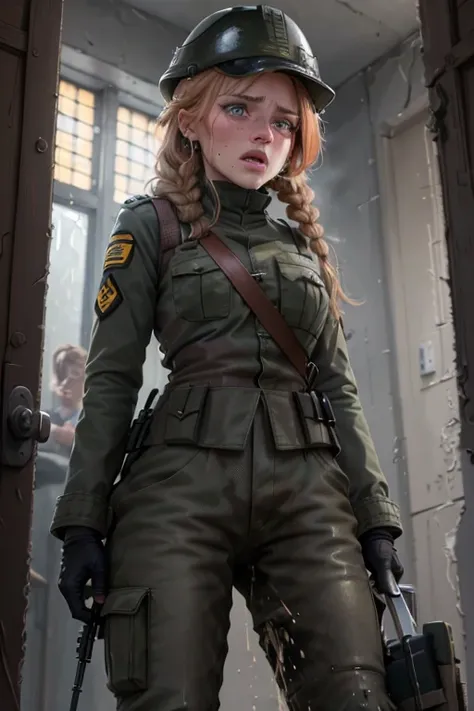 8k high resolution, best quality, dutch soldier girl, 22 years old,  curly strawberry blonde hair as a braid, decent makeup, dut...