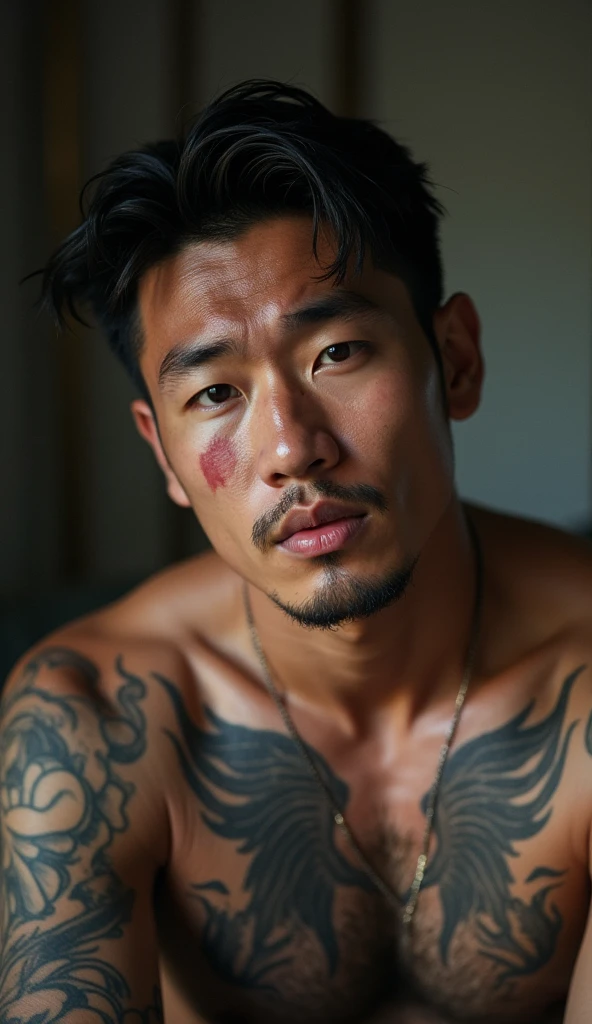 tattooed korean man, with scar on his face, expression of lust and desire on his face, Kale, with thick erect penis in a room