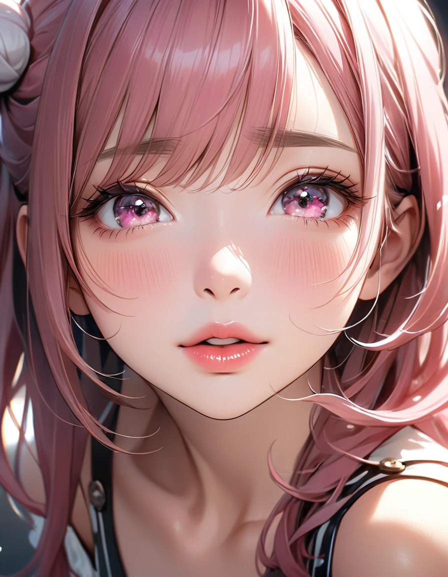 The face of a beautiful girl approaches the viewer, (Girls kissing), alone, (Hair Ribbon:0.4), Pink Eyes,(((White bun hair))),(((Pink long hair))),Perfect and attractive face, Mouth trying to kiss, close your eyes, Put your chin forward, Expectations, Shyness, joy, blush, Realistic and attractive nose, Delicate and elegant eyelashes, Fine and thin eyebrows, Natural Makeup, Delicate and perfect brushwork, young and lively々Fresh Skin, break: Showing affection to the audience, Expectations, Shyness, joy, blush, I close my eyes in fear, Put your chin forward, Lips asking for a kiss, Detailed and realistic skin texture, Cute and y gestures that will charm you, ((Facing the audience)), View your viewers, Jaw sticking out, Please lower your eyelids, Detailed and engaging, Seduce you, break ((Gently closed eyelids)), The approaching lips, break (close your eyes, Lips asking for a kiss, Approaching Face, Chin forward), (look up:1.3), ((Facing you)), break Face up and look up, Mouth closed for a kiss, (close your eyes:1.3), Expectations, Shyness, joy, blush, Realistic and captivating depictions, First-person view of the viewer, The kiss, (Close-up of face seen from above:1.2).