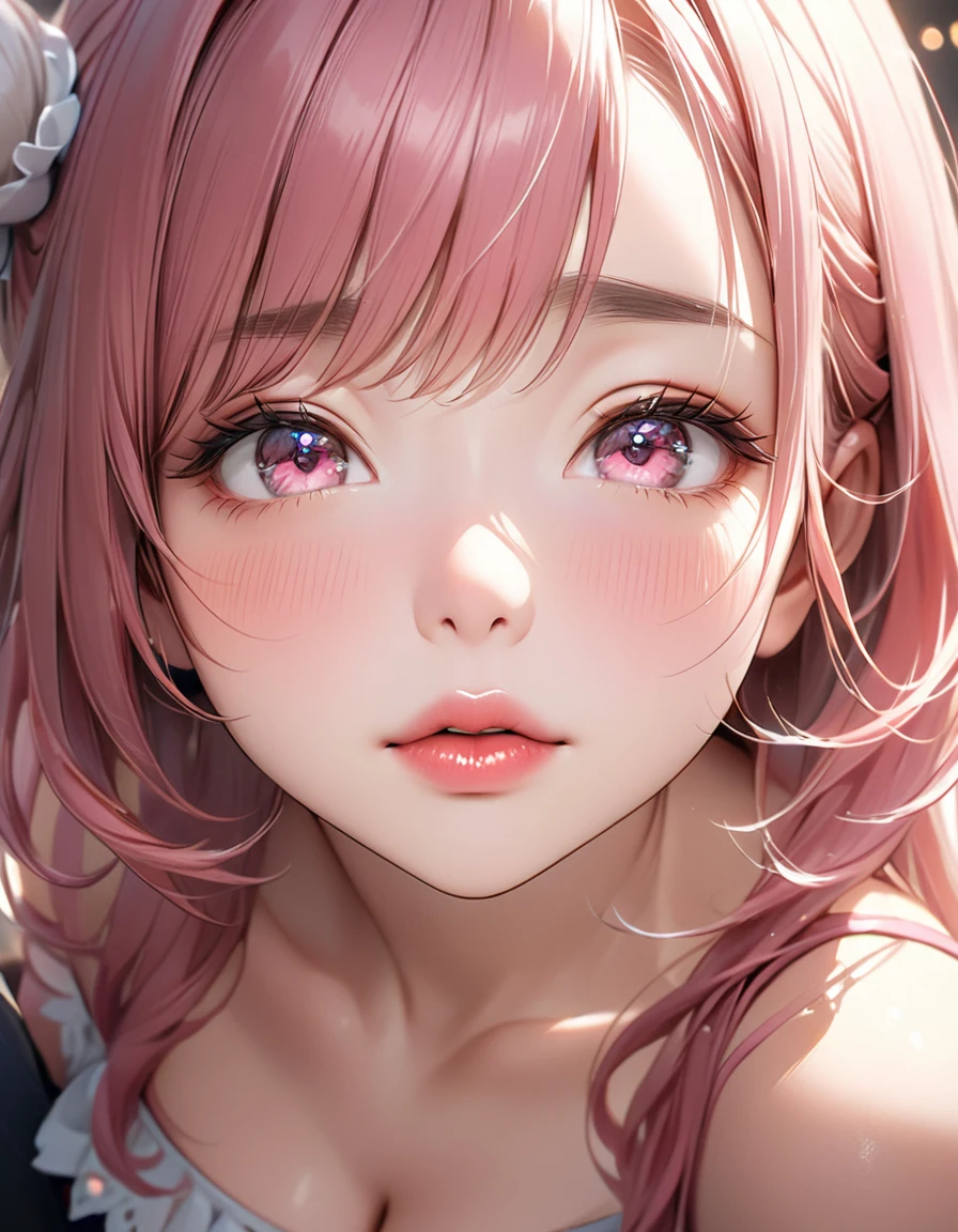 The face of a beautiful girl approaches the viewer, (Girls kissing), alone, (Hair Ribbon:0.4), Pink Eyes,(((White bun hair))),(((Pink long hair))),Perfect and attractive face, Mouth trying to kiss, close your eyes, Put your chin forward, Expectations, Shyness, joy, blush, Realistic and attractive nose, Delicate and elegant eyelashes, Fine and thin eyebrows, Natural Makeup, Delicate and perfect brushwork, young and lively々Fresh Skin, break: Showing affection to the audience, Expectations, Shyness, joy, blush, I close my eyes in fear, Put your chin forward, Lips asking for a kiss, Detailed and realistic skin texture, Cute and sexy gestures that will charm you, ((Facing the audience)), View your viewers, Jaw sticking out, Please lower your eyelids, Detailed and engaging, Seduce you, break ((Gently closed eyelids)), The approaching lips, break (close your eyes, Lips asking for a kiss, Approaching Face, Chin forward), (look up:1.3), ((Facing you)), break Face up and look up, Mouth closed for a kiss, (close your eyes:1.3), Expectations, Shyness, joy, blush, Realistic and captivating depictions, First-person view of the viewer, The kiss, (Close-up of face seen from above:1.2).